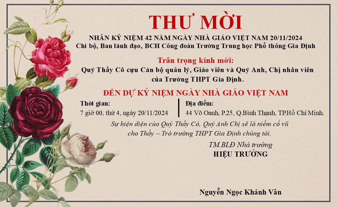Thư mời tham dự Lễ kỷ niệm ngày Nhà giáo Việt Nam 20/11/2024