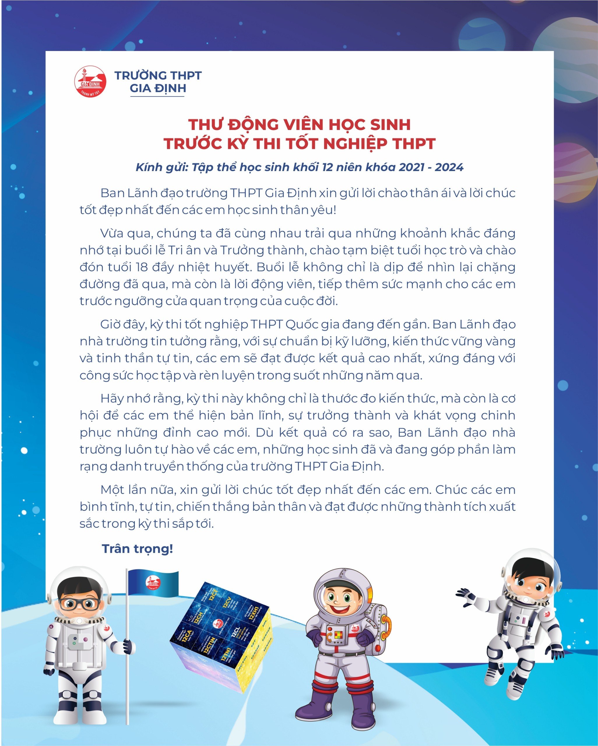 Thư động viên học sinh trước kỳ thi tốt nghiệp THPT